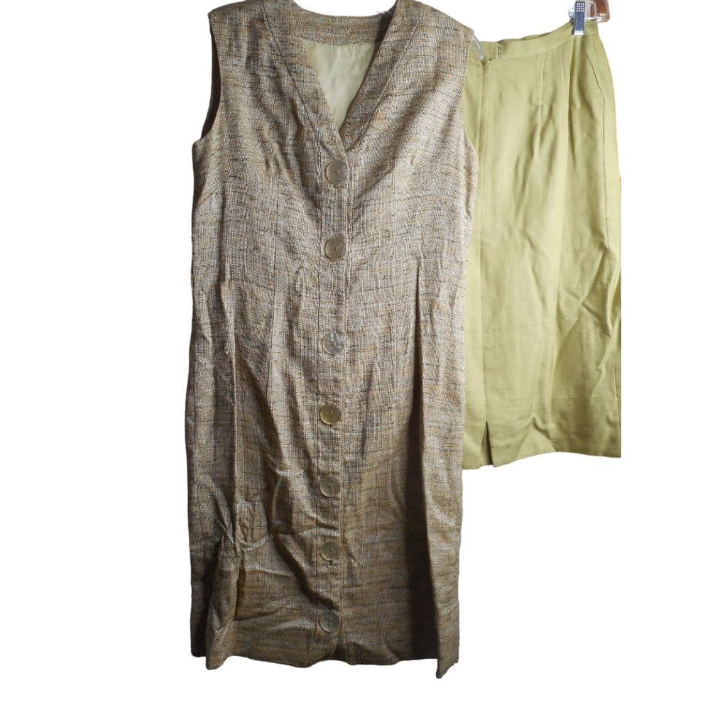 Vintage 1960s 1970s Handmade Long Vest Dress Skirt 2 piece Green Sleeveless